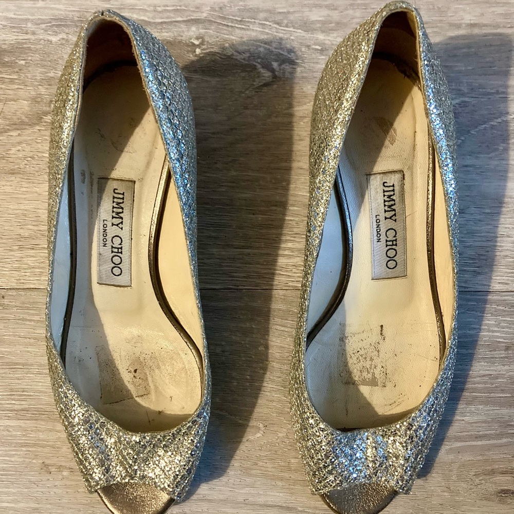 Jimmy Choo Glittering Gold Peep-Toe Heels